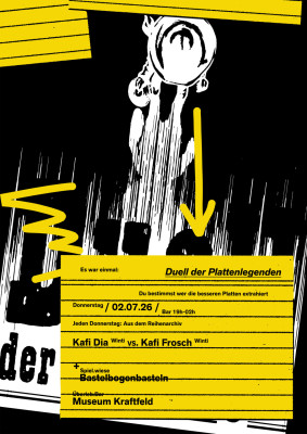 Museum Kraftfeld, Es war einmal: Duell der Plattenlegenden, Kafi Dia vs. Kafi Frosch (Winti), Spiel.wiese: Bastelbogen-basteln Museum Kraftfeld, Es war einmal: Duell der Plattenlegenden, Kafi Dia vs. Kafi Frosch (Winti), Spiel.wiese: Bastelbogen-basteln