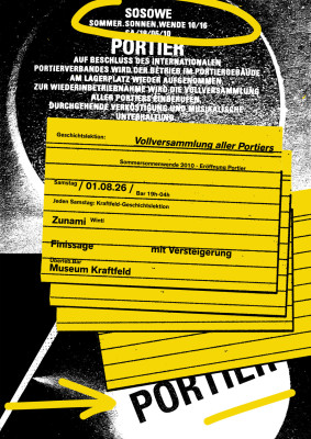 Museum Kraftfeld, Finissage mit Versteigerung, Spiel.wiese: Sachen bediscokugeln, Vollversammlung aller Portiers, Zunami (Winti) 